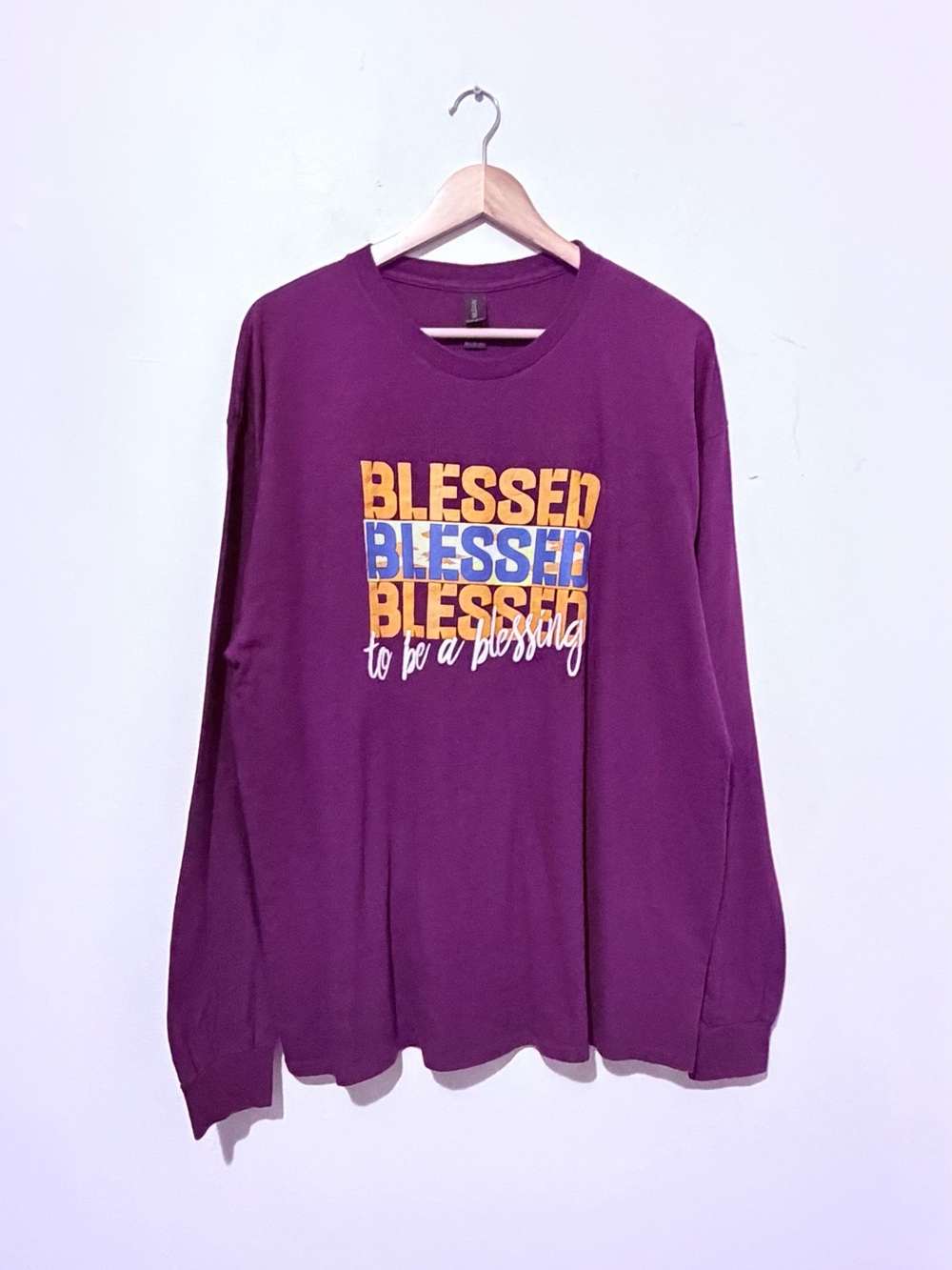 Gildan Burgundy Long Sleeve Tee with 'Blessed' Triplet Graphic